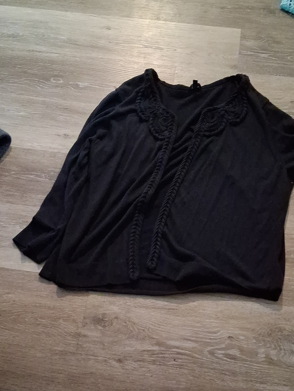 Talbots Black Braided-Trim Open Cardigan
